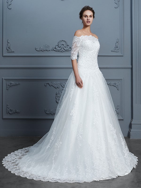 Ball Gown Off-the-Shoulder 1/2 Sleeves Beading Court Train Lace Wedding Dresses HEP0006404