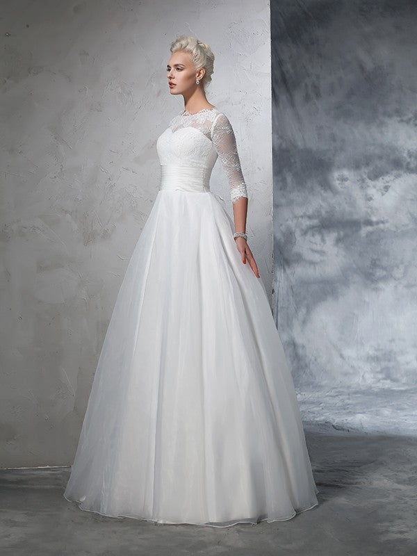 Ball Gown Jewel Applique 3/4 Sleeves Long Organza Wedding Dresses HEP0006383