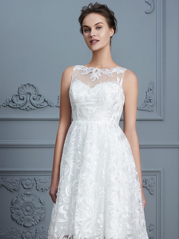 A-Line/Princess Scoop Sleeveless Asymmetrical Lace Wedding Dresses HEP0006018