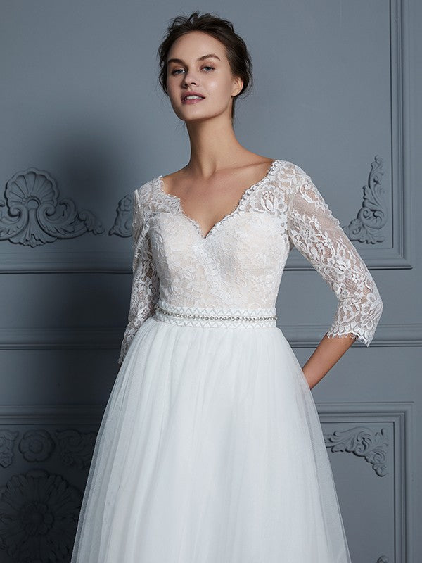 A-Line/Princess V-neck 3/4 Sleeves Floor-Length Lace Tulle Wedding Dresses HEP0006306