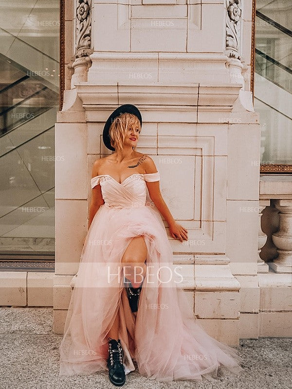 A-Line/Princess Sleeveless Off-the-Shoulder Tulle Beading Sweep/Brush Train Dresses HEP0001823