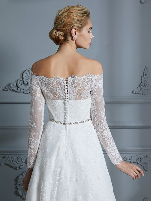 A-Line/Princess Long Sleeves Off-the-Shoulder Asymmetrical Lace Wedding Dresses HEP0006338